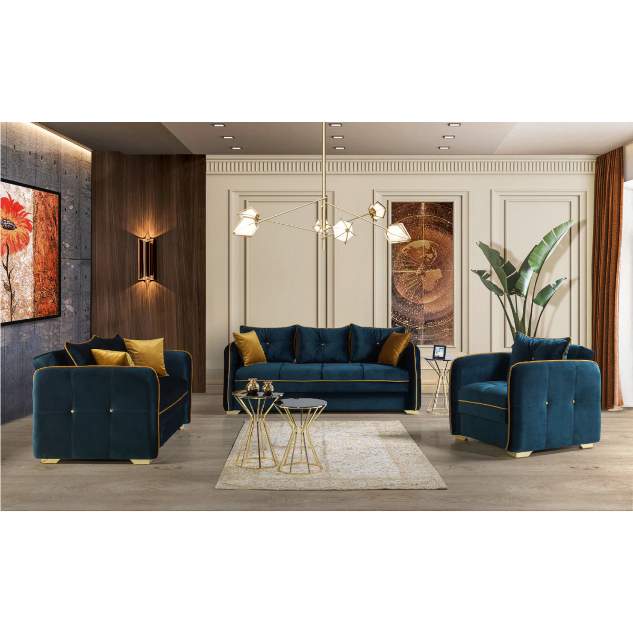 TORINO - Ensemble de canapés 3 pièces en velours bleu
