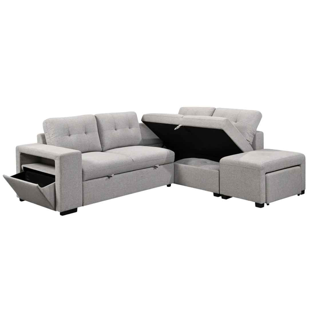 Tanira – Canapé-lit d'angle avec rangement – Gris clair