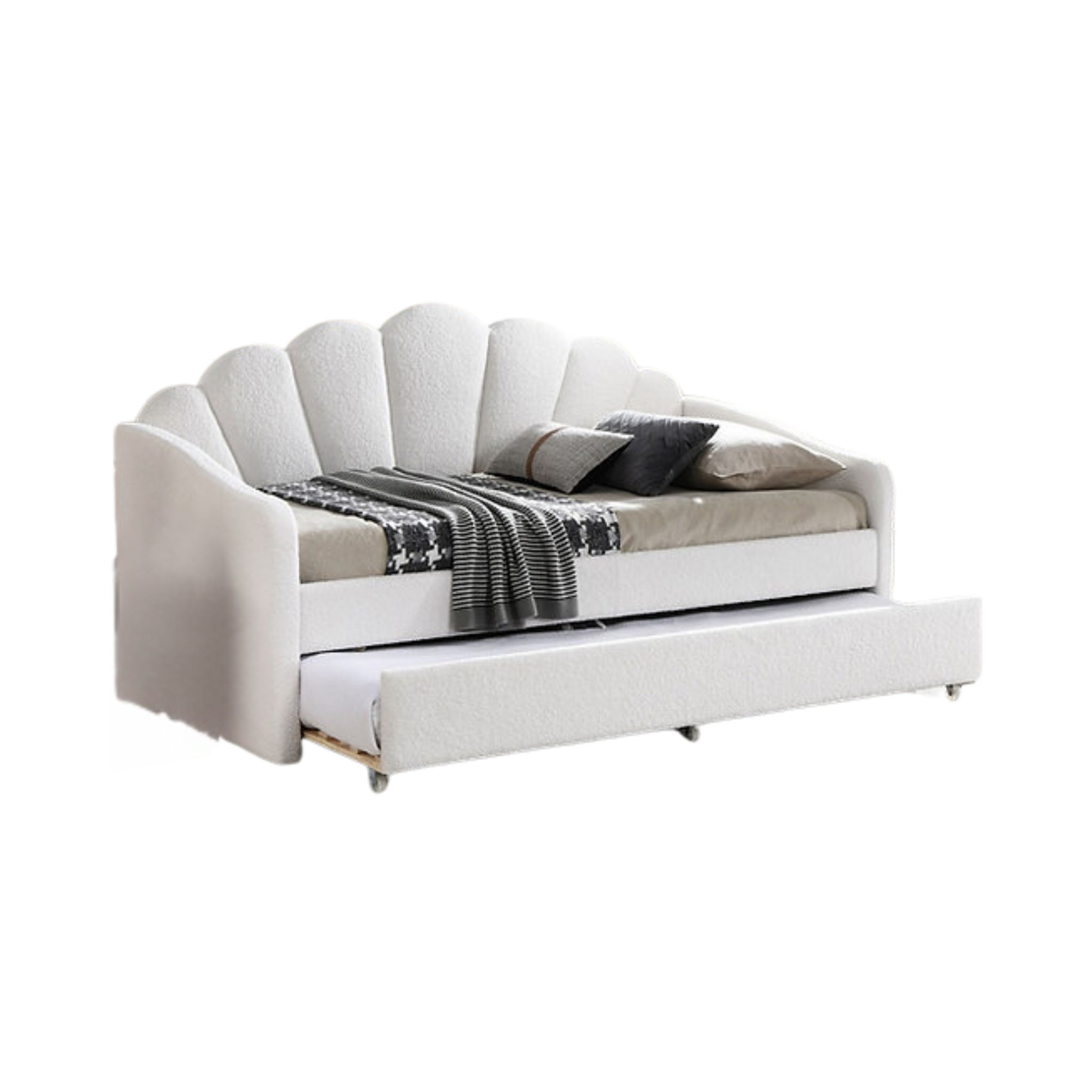 Teddora – Lit de jour en tissu Teddy avec lit gigogne – Blanc