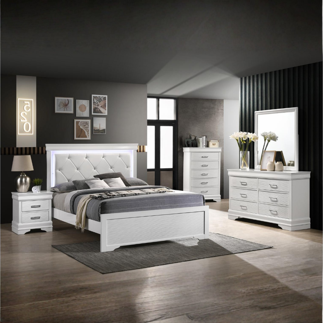 Ensemble chambre queen Trevona blanc LED 4 ou 6 pièces avec tête de lit capitonnée – Bonito Montréal