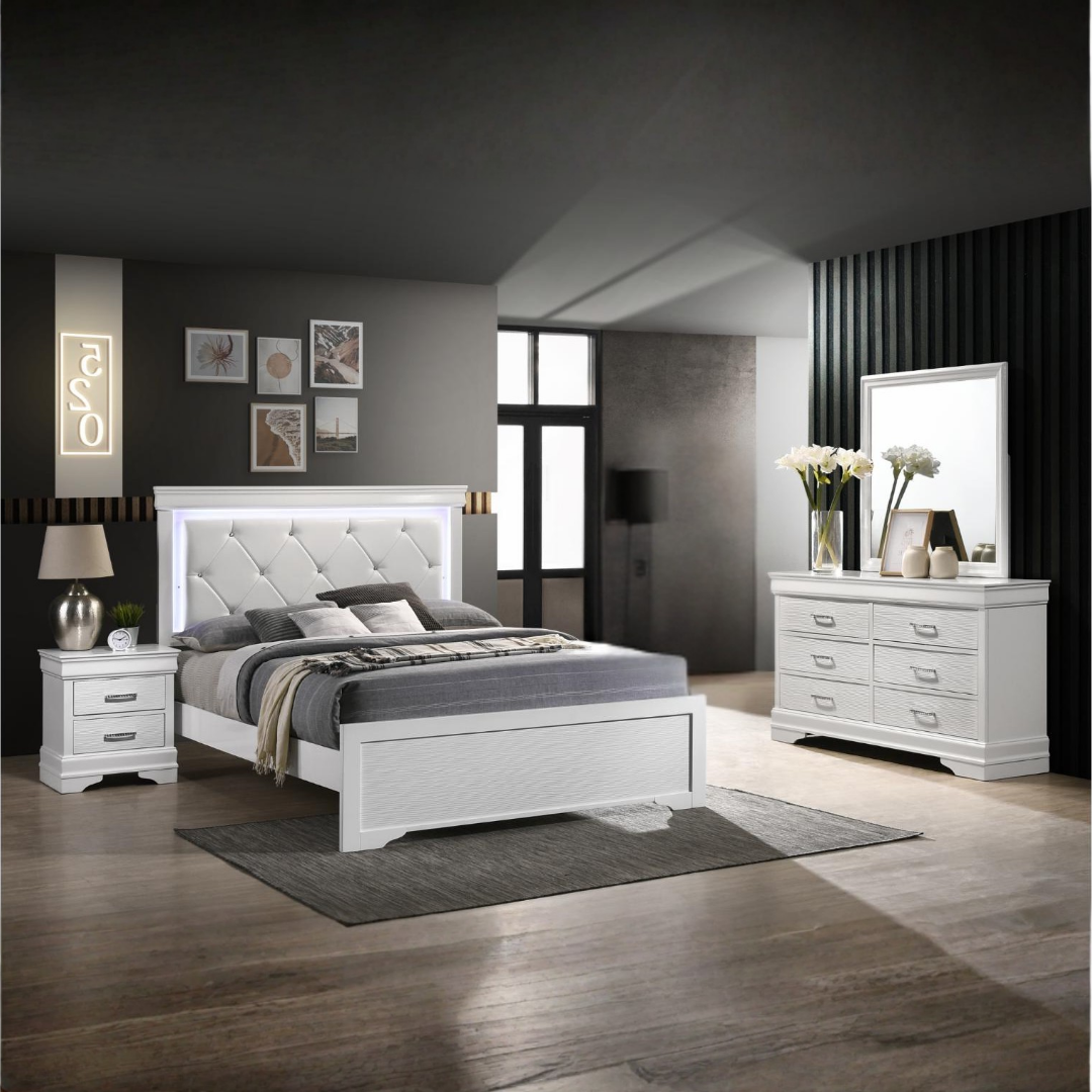 Ensemble chambre queen Trevona blanc LED 4 ou 6 pièces avec tête de lit capitonnée – Bonito Montréal