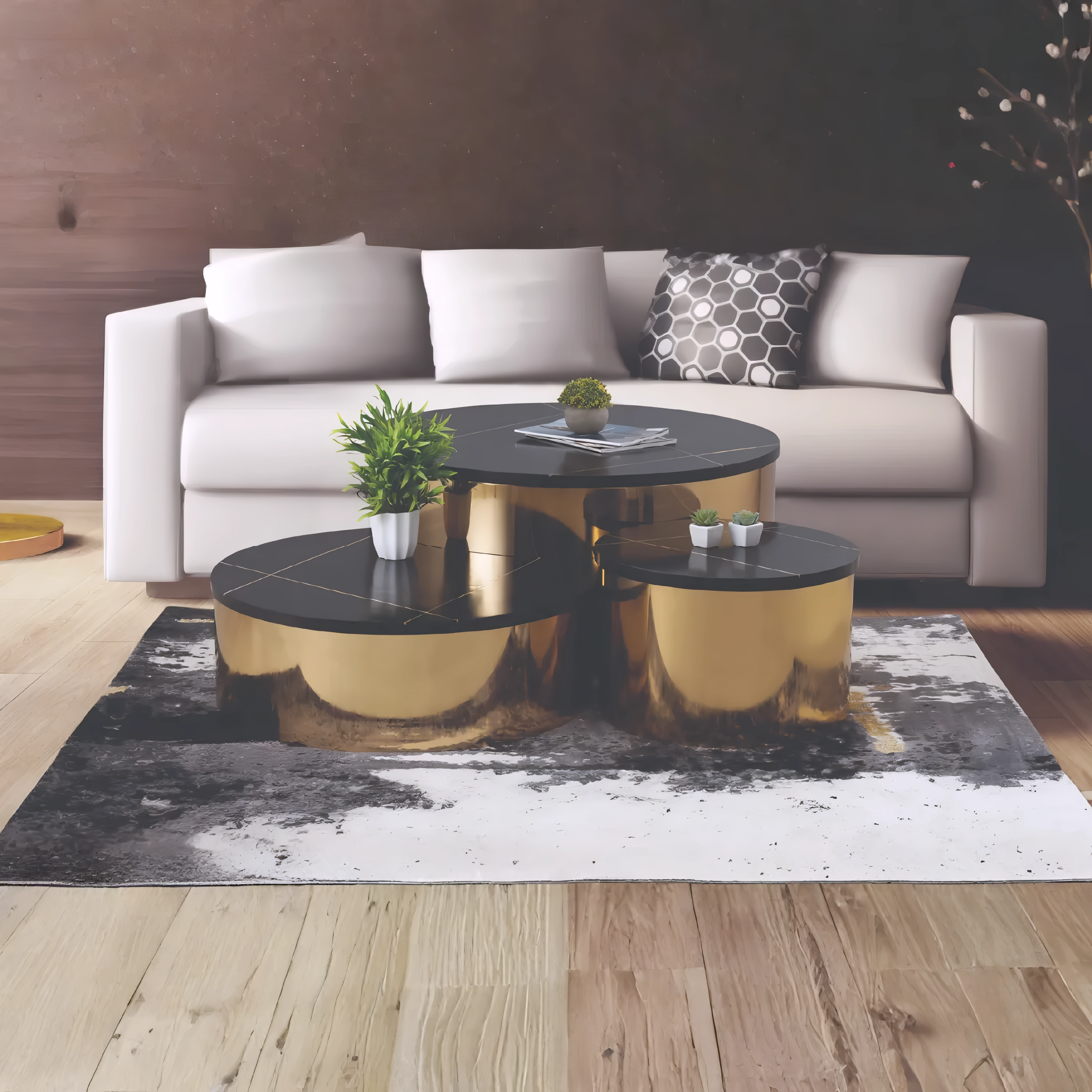 Triovan – 3-Piece Coffee Table Set – Gold Base