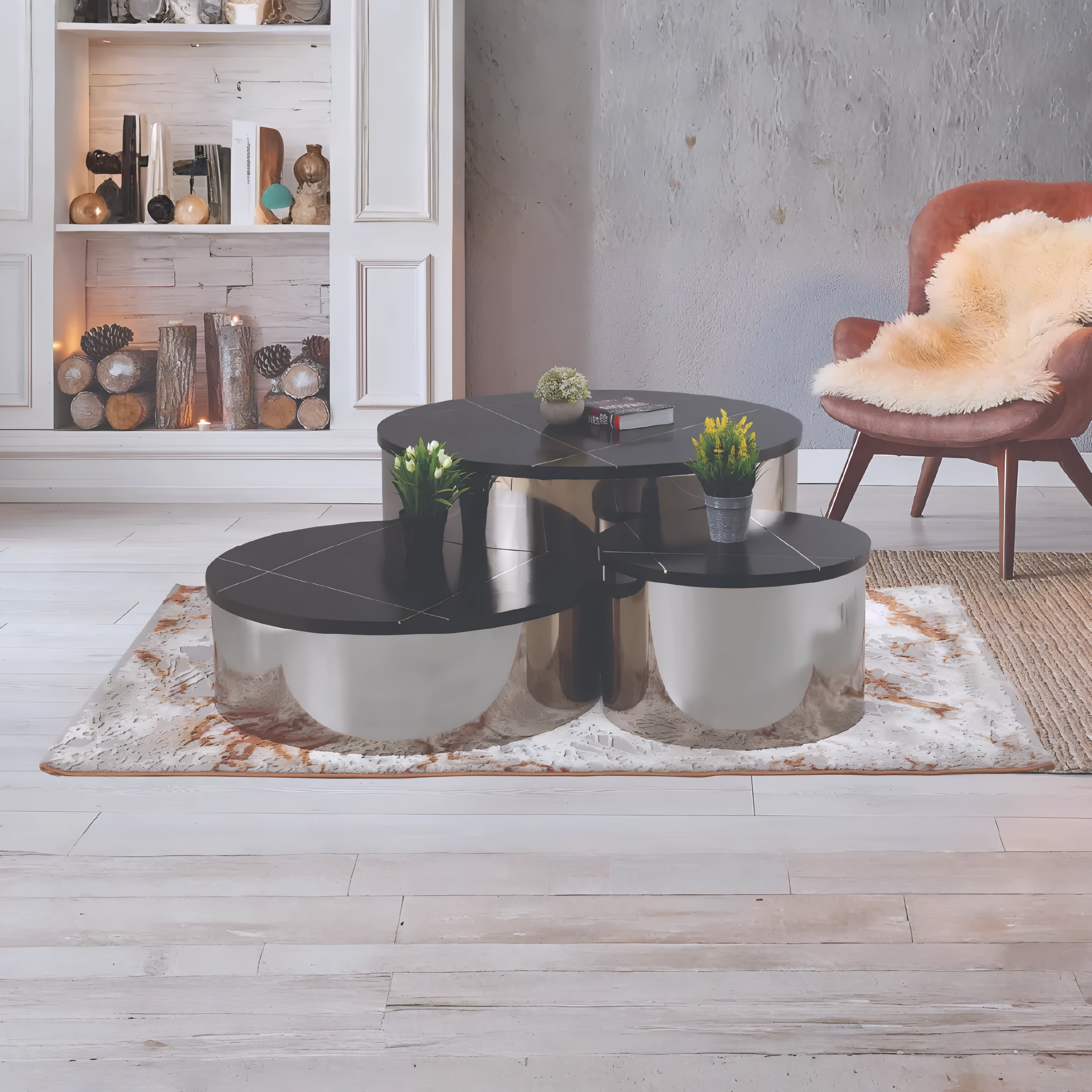 Triovan – 3-Piece Coffee Table Set – Silver Base