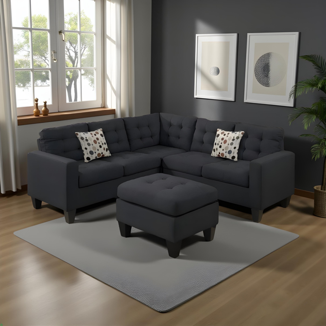 Sofa sectionnel Vento 2 pièces tissu noir avec ottoman et chaise réversible – Bonito Montréal