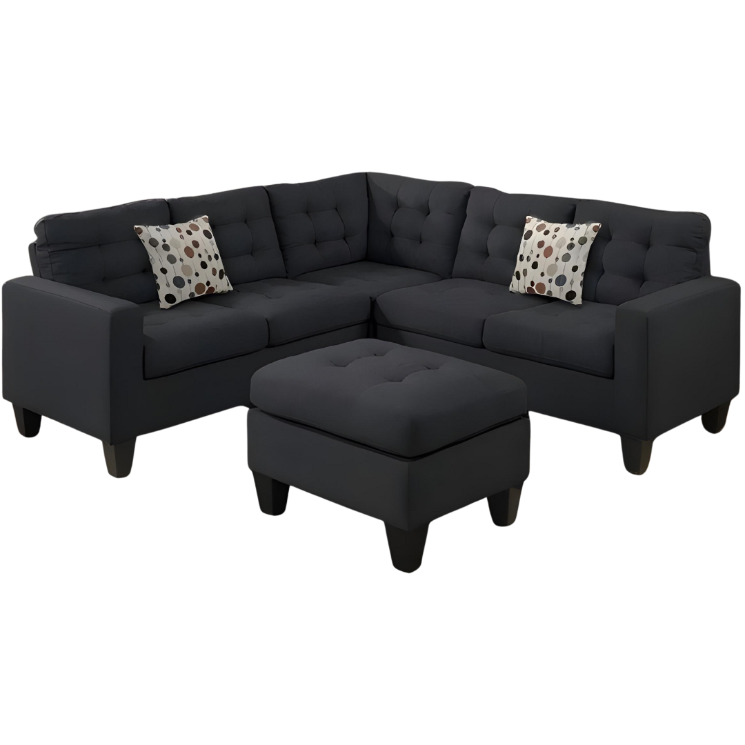 Sofa sectionnel Vento 2 pièces tissu noir avec ottoman et chaise réversible – Bonito Montréal