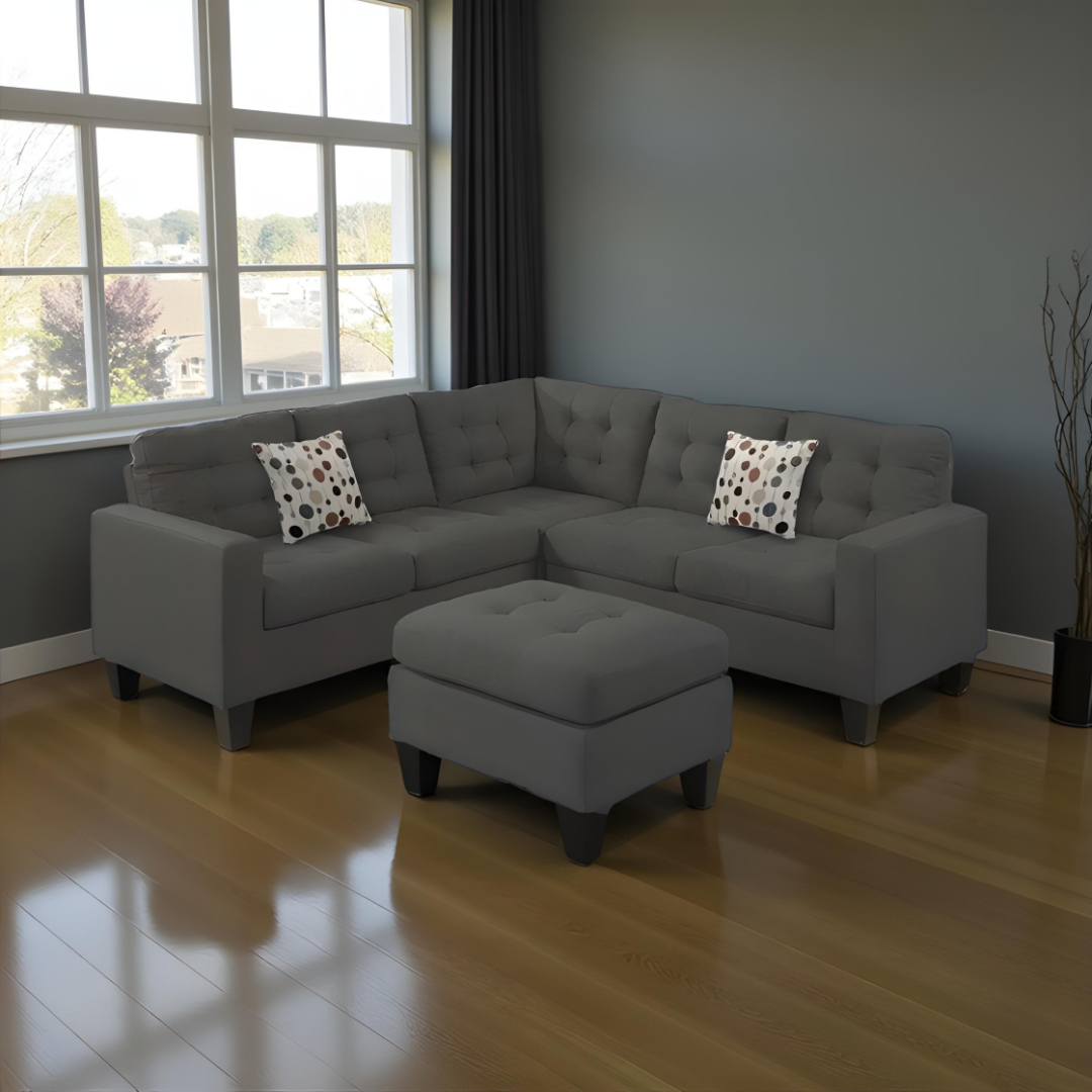 Sofa sectionnel réversible Vento en tissu gris avec ottoman, 84x84 po, Montréal