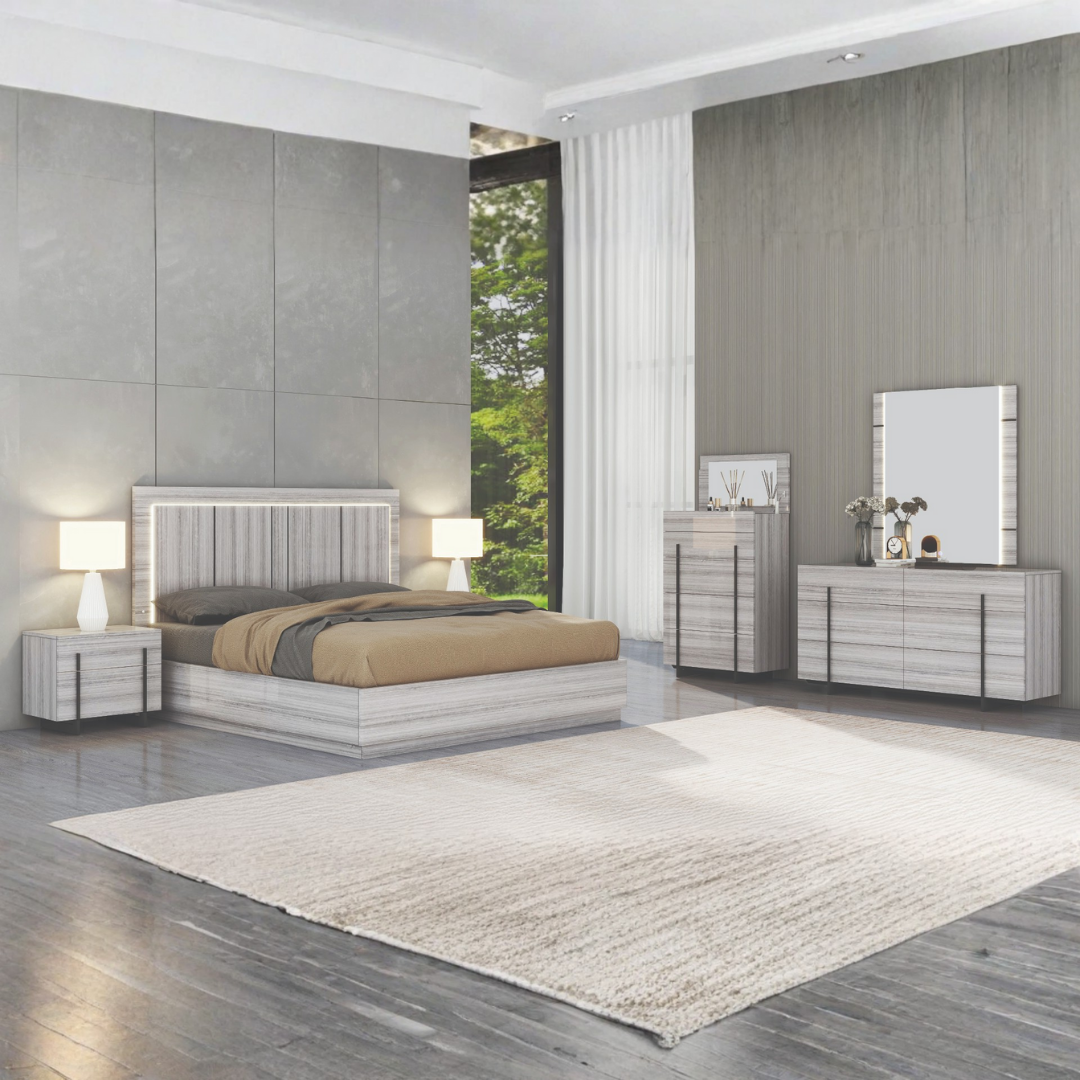 Ensemble chambre king 6 pièces Valcera bois ingénierie laqué gris eucalyptus avec LED et rangement hydraulique – Montréal