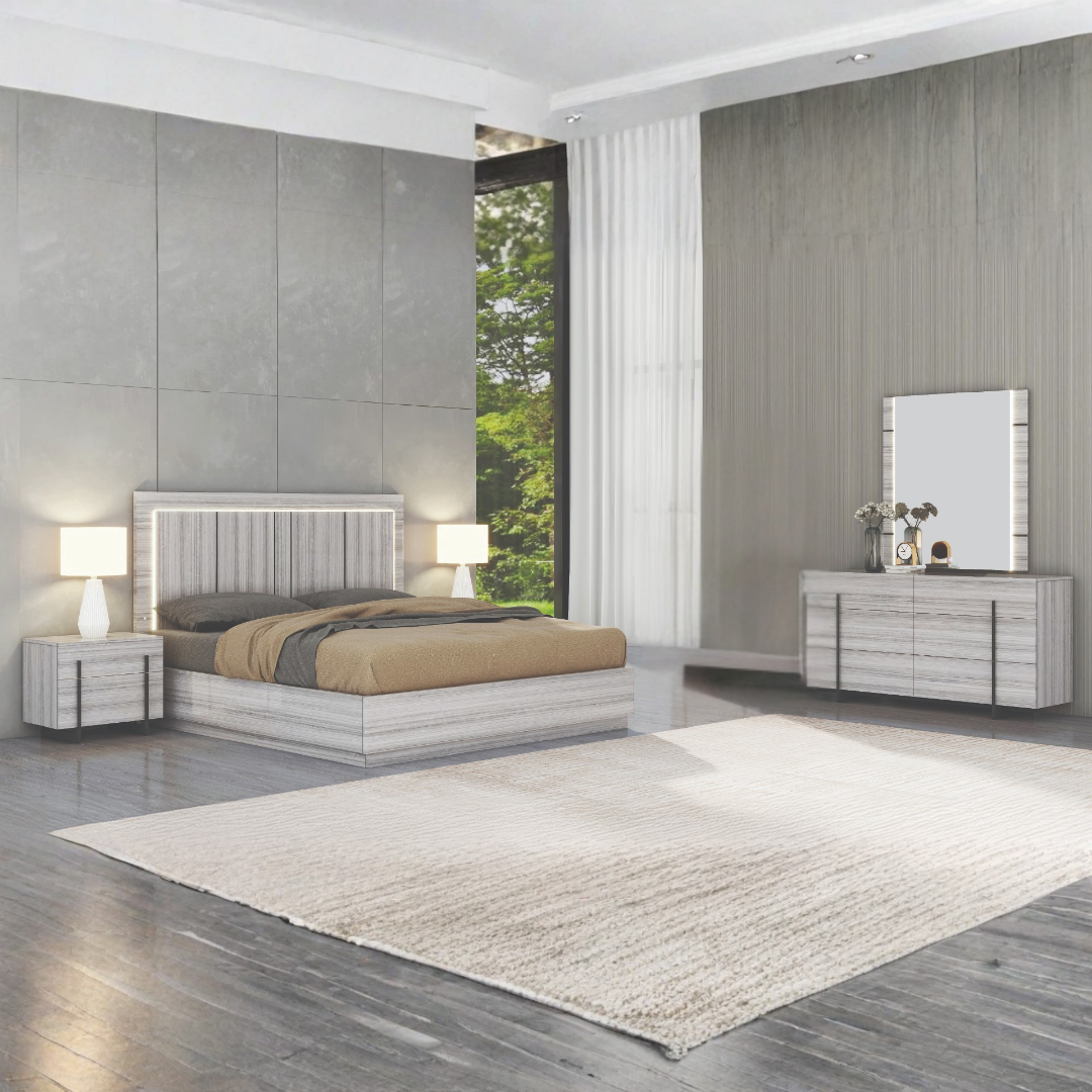 Ensemble chambre Valcera 6 pièces grand lit gris eucalyptus avec lit rangement hydraulique LED et commode – Montréal