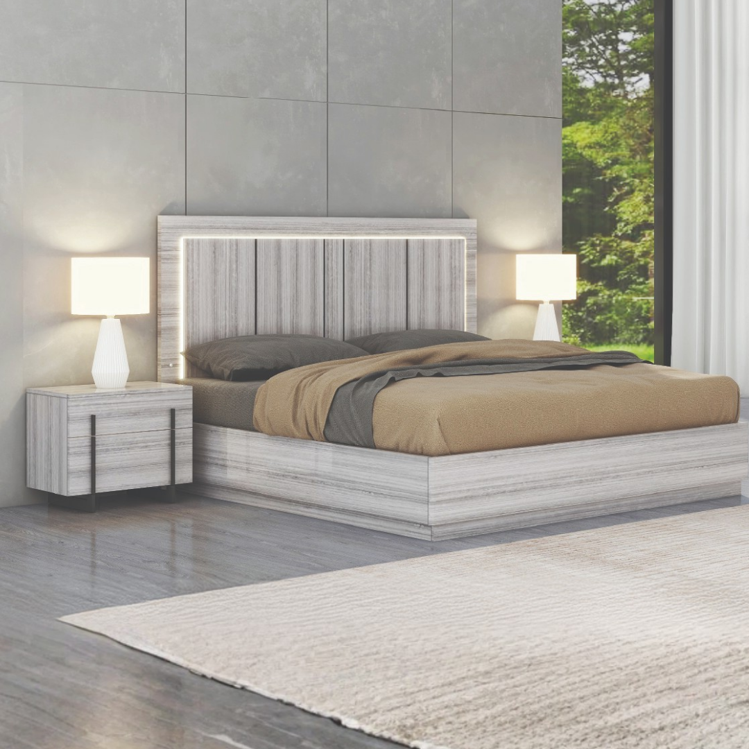 Ensemble chambre king 6 pièces Valcera bois ingénierie laqué gris eucalyptus avec LED et rangement hydraulique – Montréal