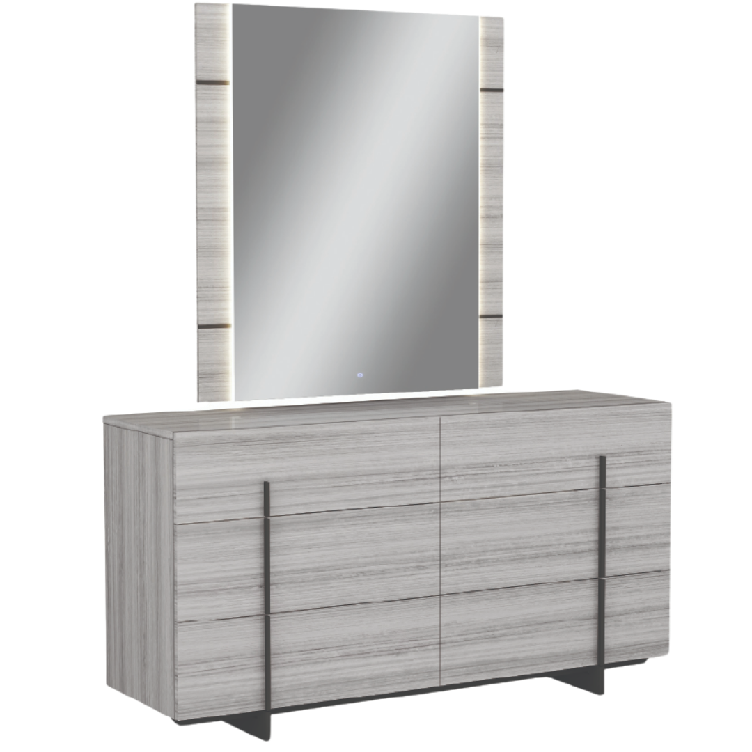 Ensemble chambre Valcera 6 pièces grand lit gris eucalyptus avec lit rangement hydraulique LED et commode – Montréal