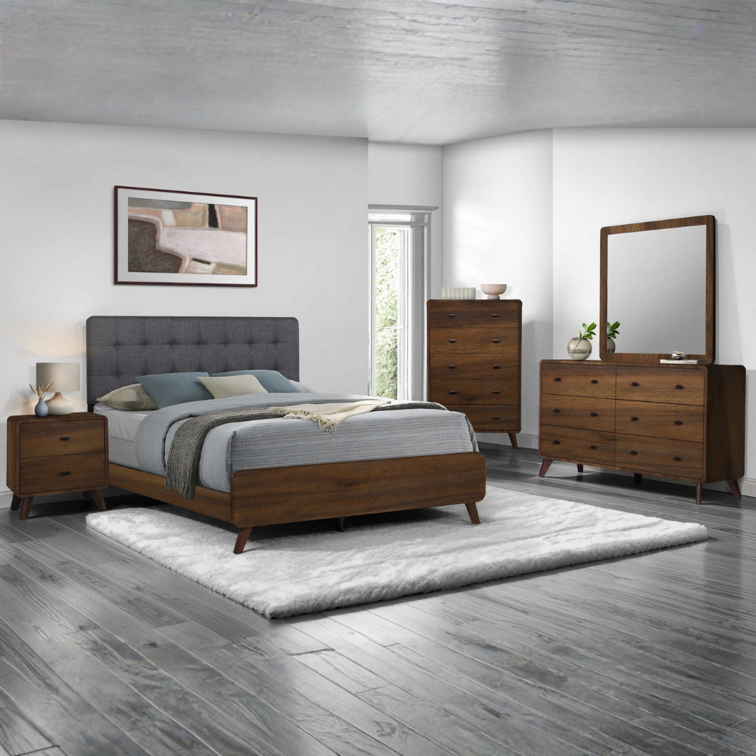 Ensemble chambre queen Valmero bois noyer style milieu de siècle avec tête de lit rembourrée grise – Bonito Montréal