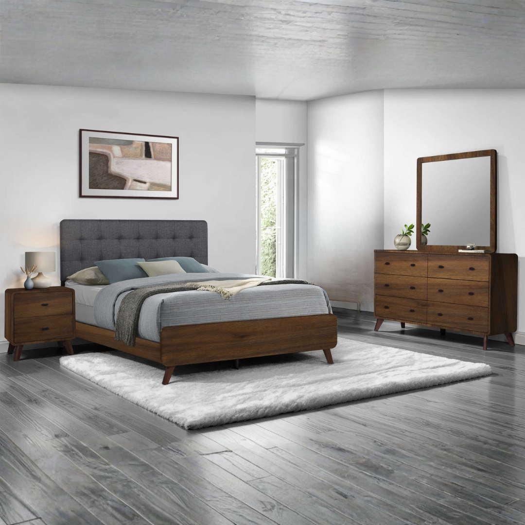 Ensemble chambre queen Valmero bois noyer style milieu de siècle avec tête de lit rembourrée grise – Bonito Montréal