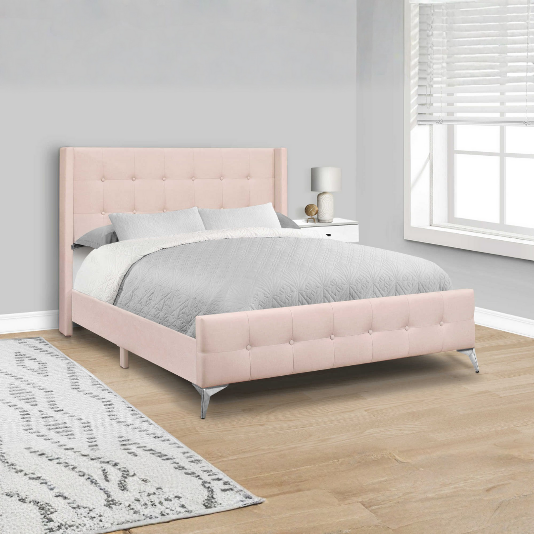 Veloria – Queen Bed – Velvet (Pink) + Chrome Legs
