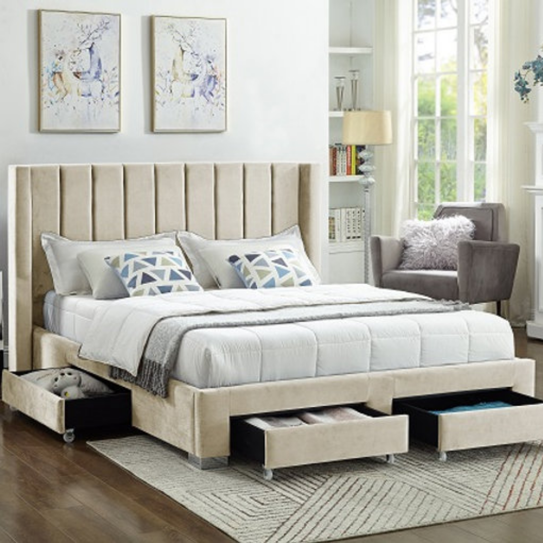 Veltrix – Queen Bed – Velvet (Cream)