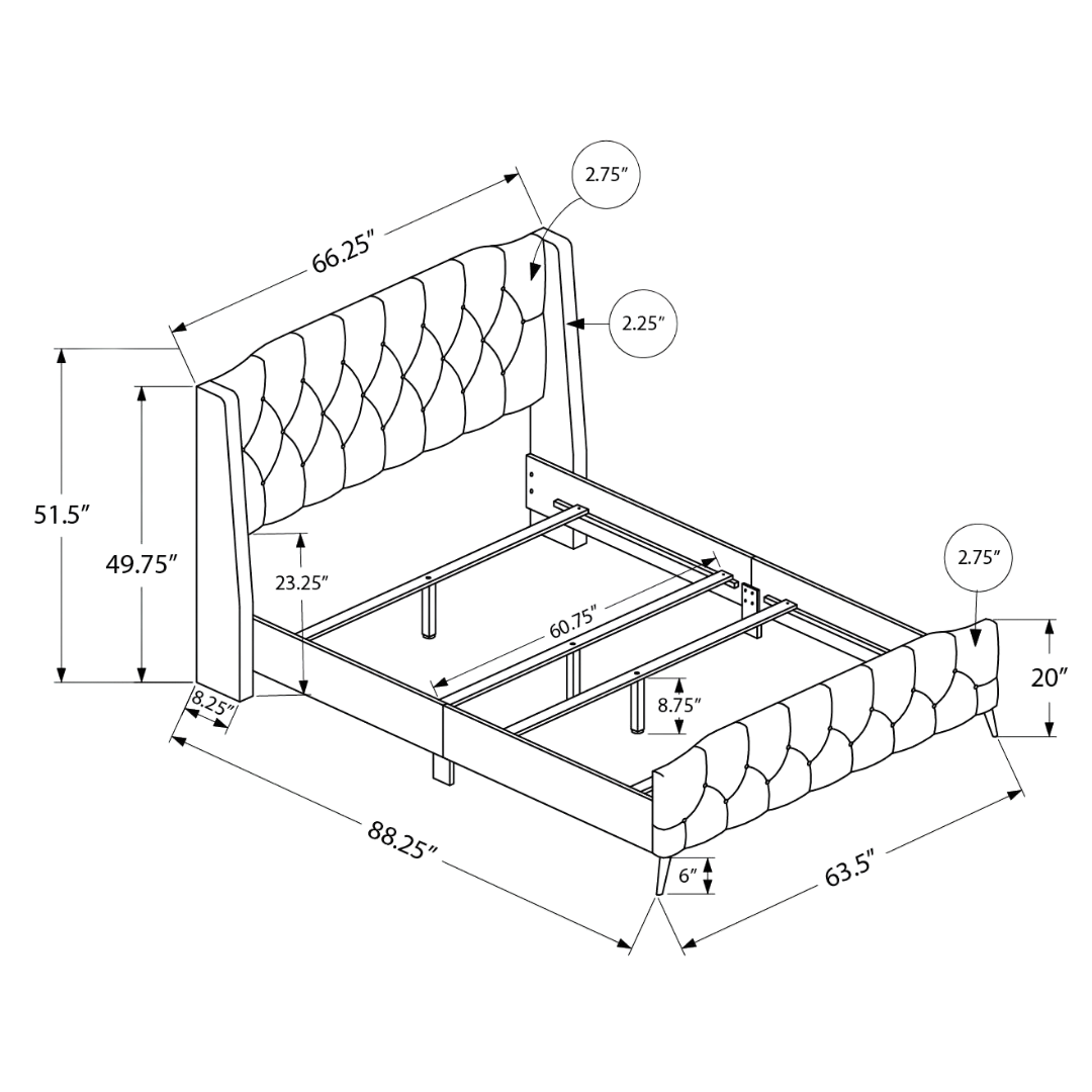 Wingford – Lit Queen – Tissu (Lin gris) + Pieds chromés