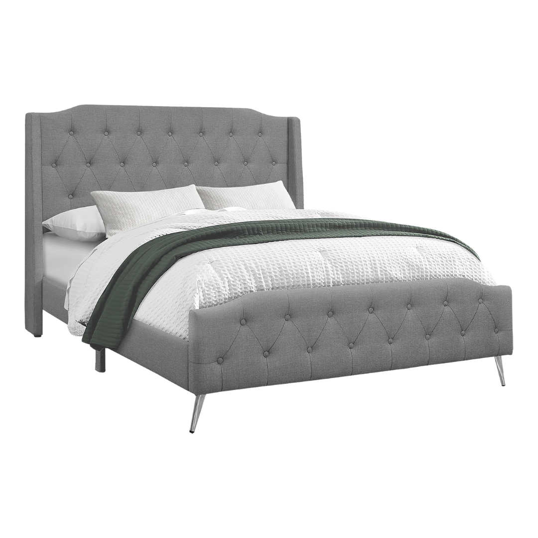 Wingford – Queen Bed – Fabric (Grey Linen) + Chrome Legs