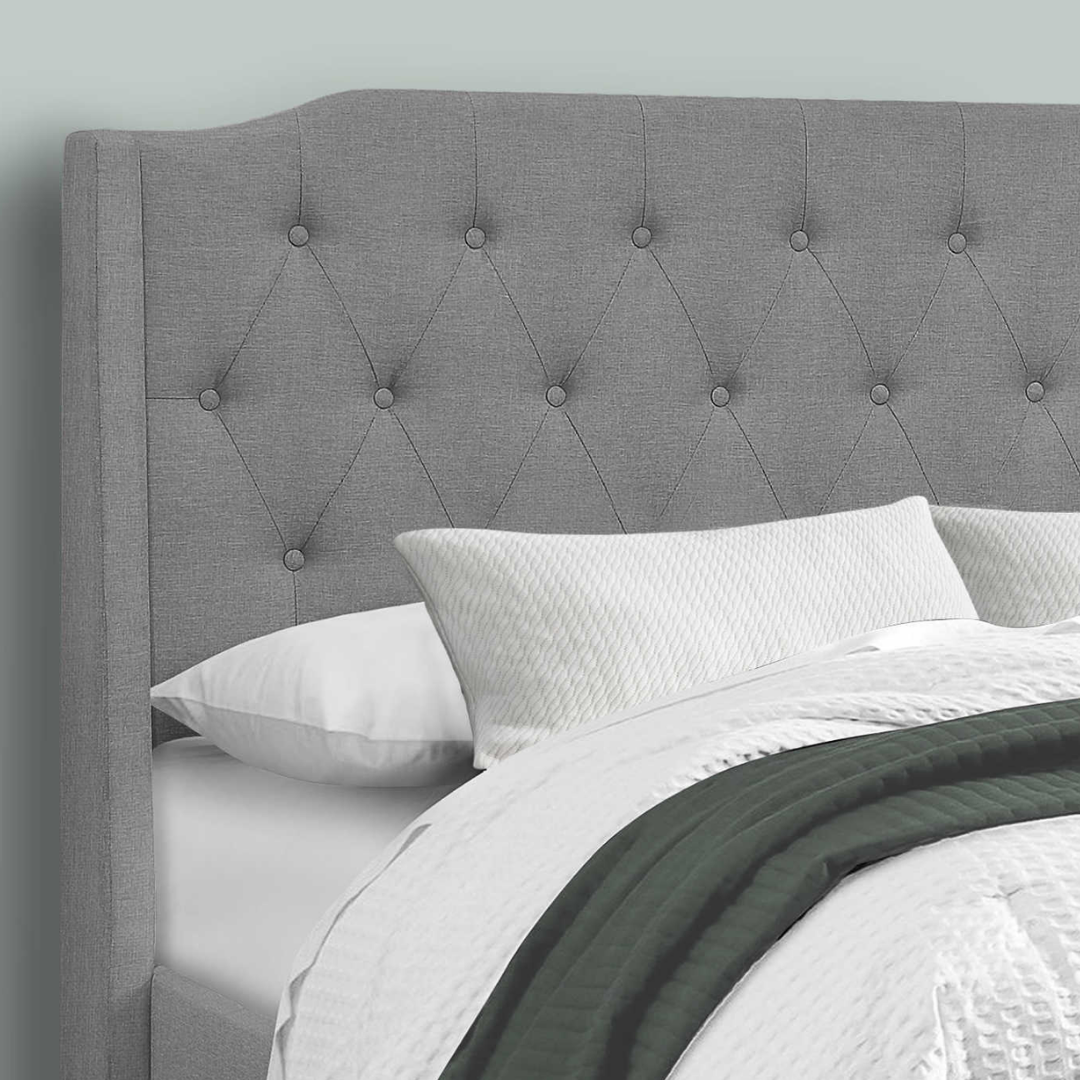 Wingford – Lit Queen – Tissu (Lin gris) + Pieds chromés