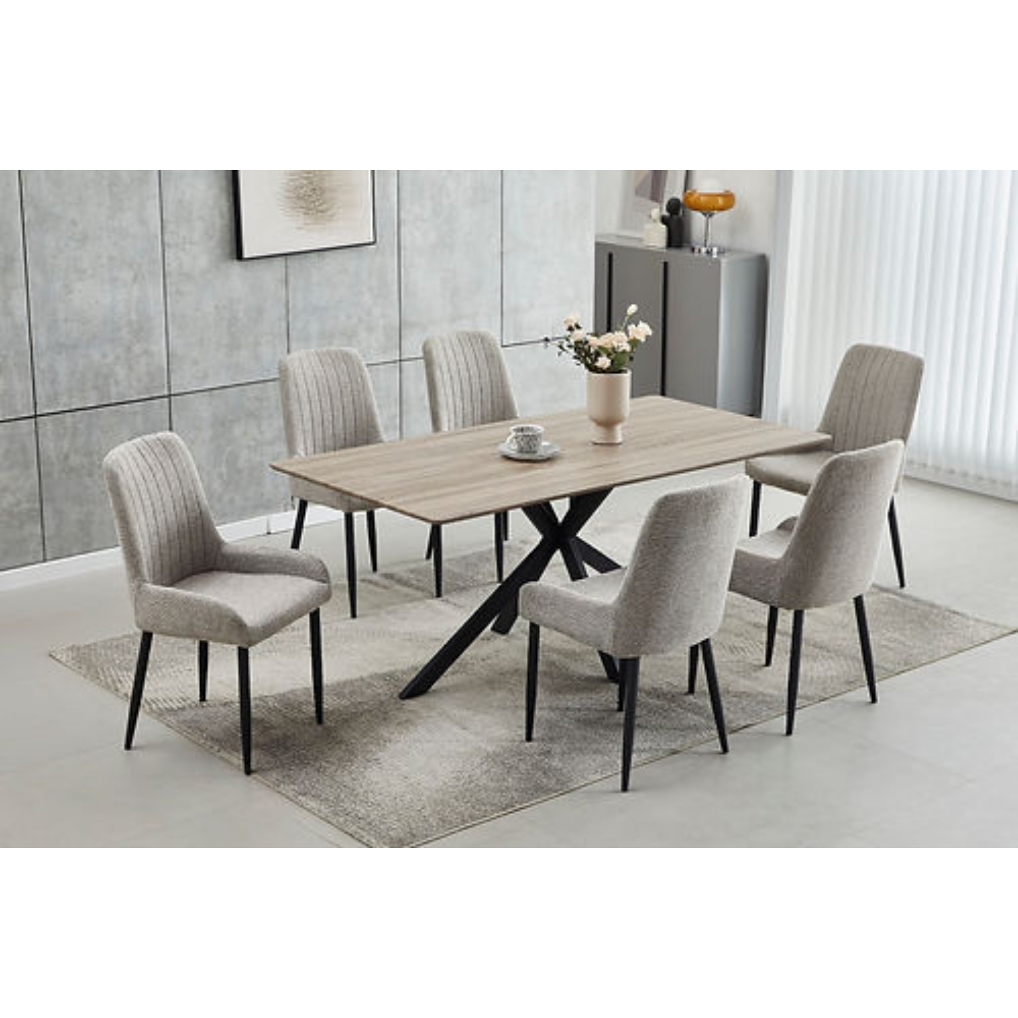 Table à plateau en bois avec chaises en velours beige grisâtre T-1510 C-1512 Collection de salle à manger