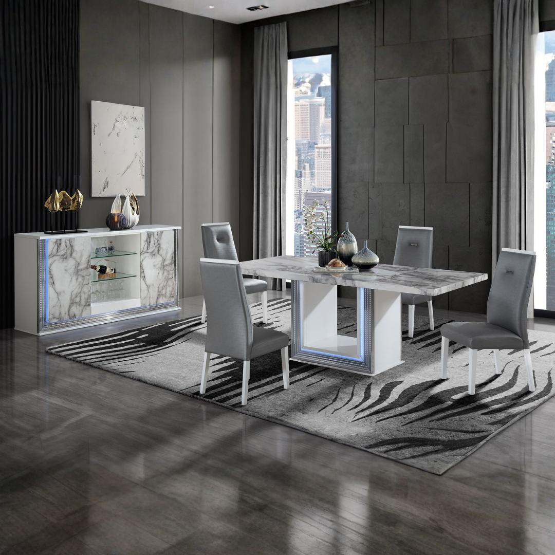 Milano – Ensemble de salle à manger – Aspect marbre blanc / PU gris