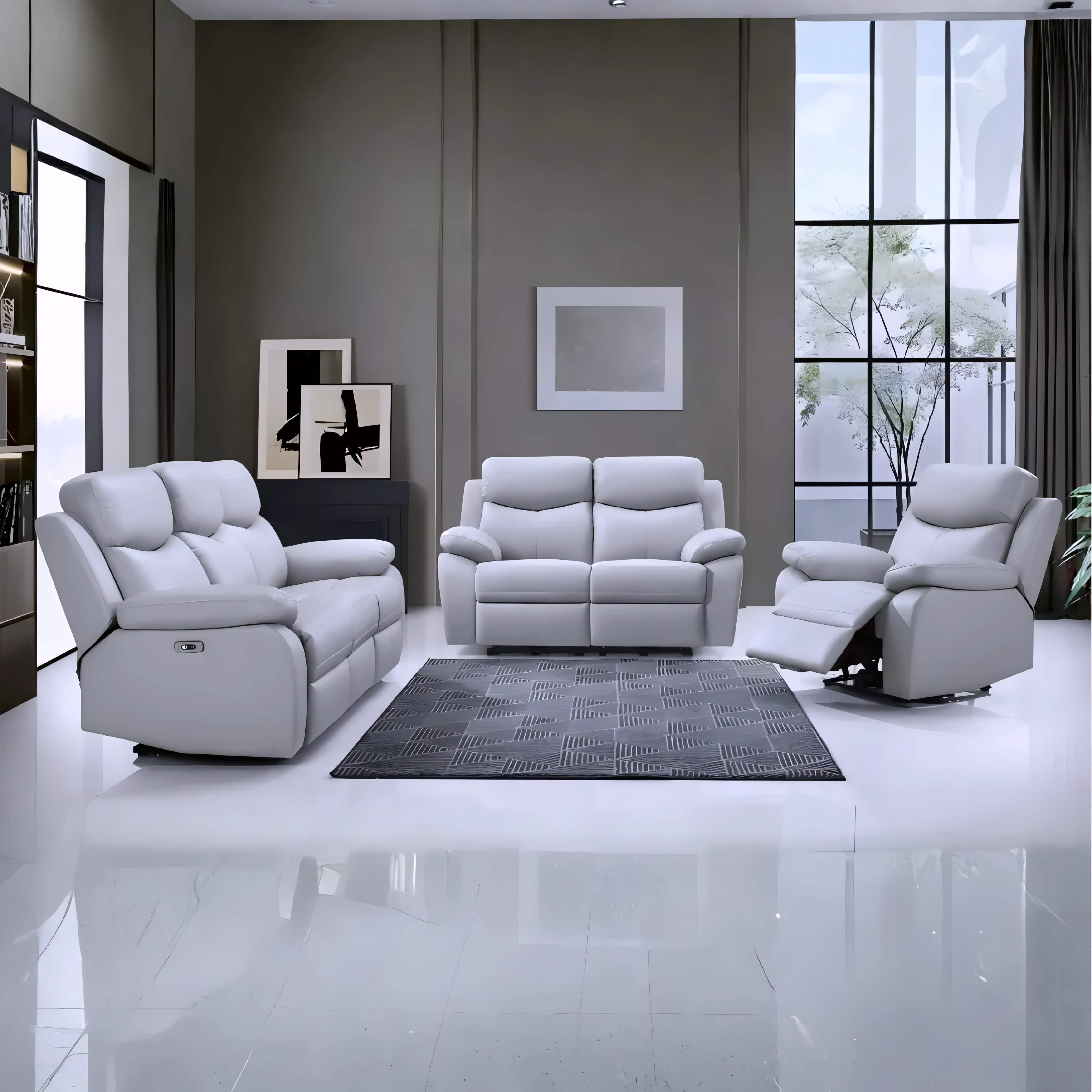 Zalken – Power Recliner Set – Light Grey Leather-Match