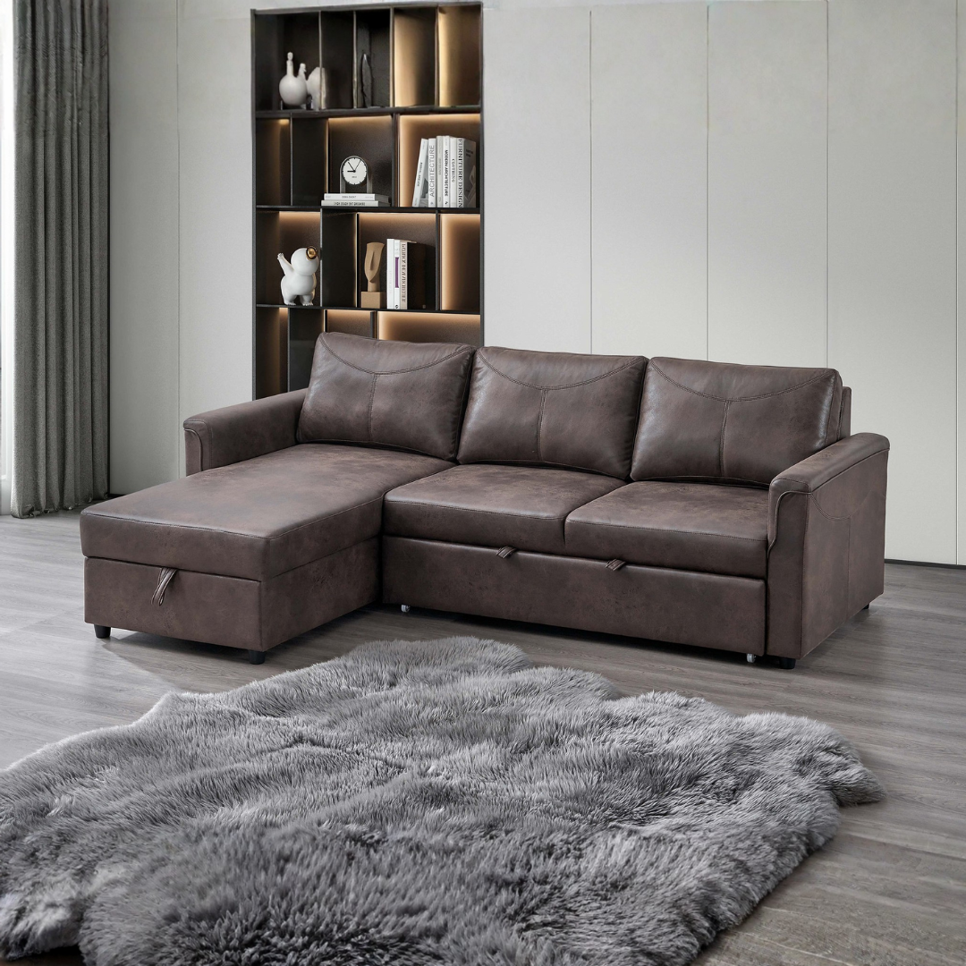 Zirema – Canapé-lit d'angle – Similicuir marron