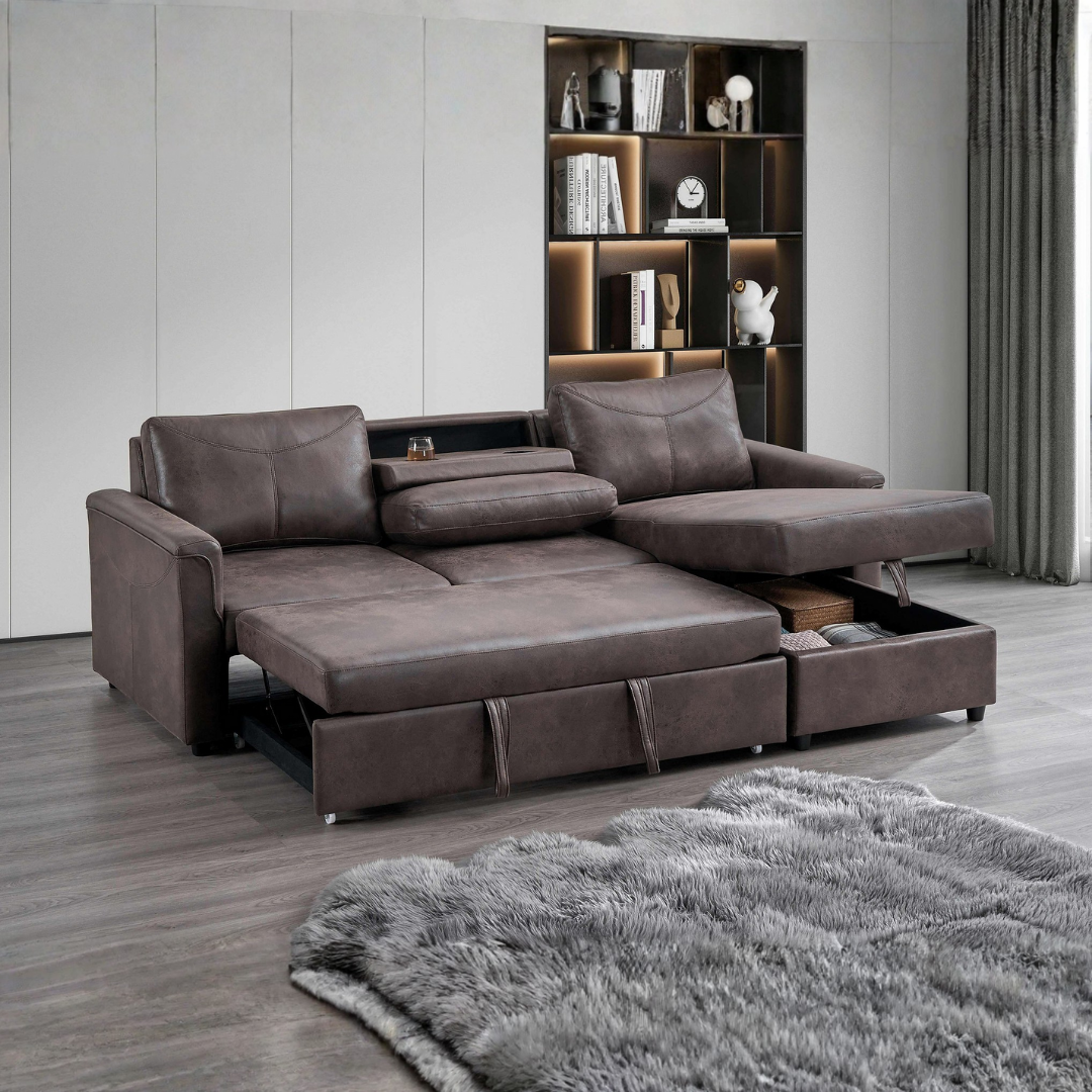 Zirema – Canapé-lit d'angle – Similicuir marron