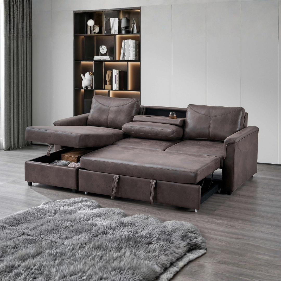 Zirema – Canapé-lit d'angle – Similicuir marron