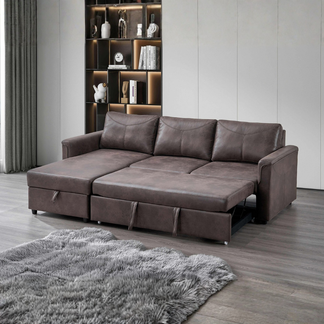 Zirema – Canapé-lit d'angle – Similicuir marron