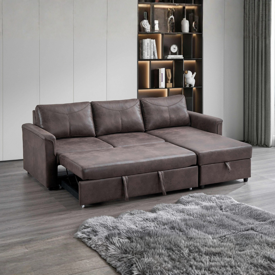 Zirema – Canapé-lit d'angle – Similicuir marron