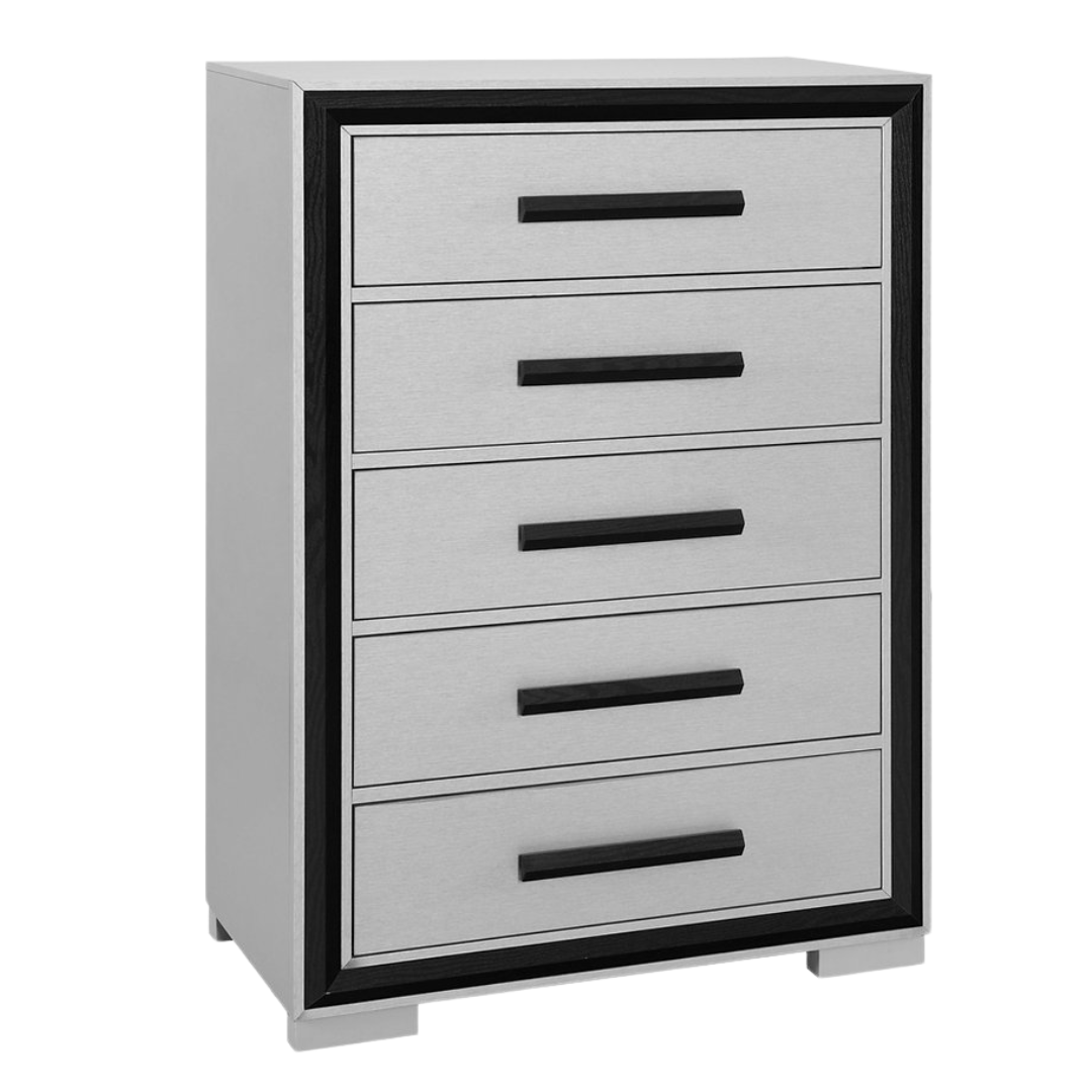 Noctis – Commode à 5 tiroirs – Argentée avec finitions noires