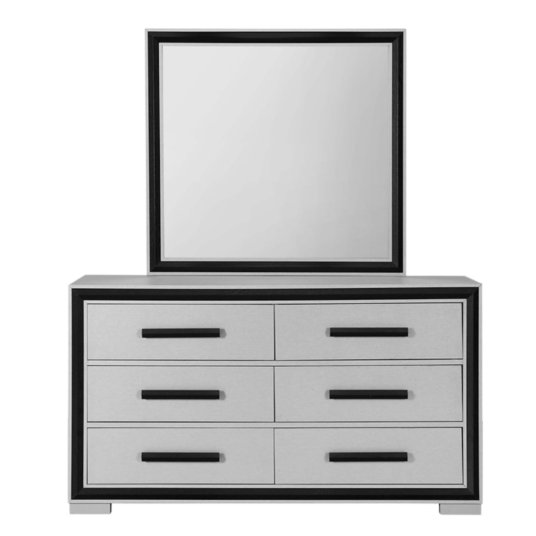 Noctis – Commode 6 tiroirs avec miroir – Argent avec finitions noires