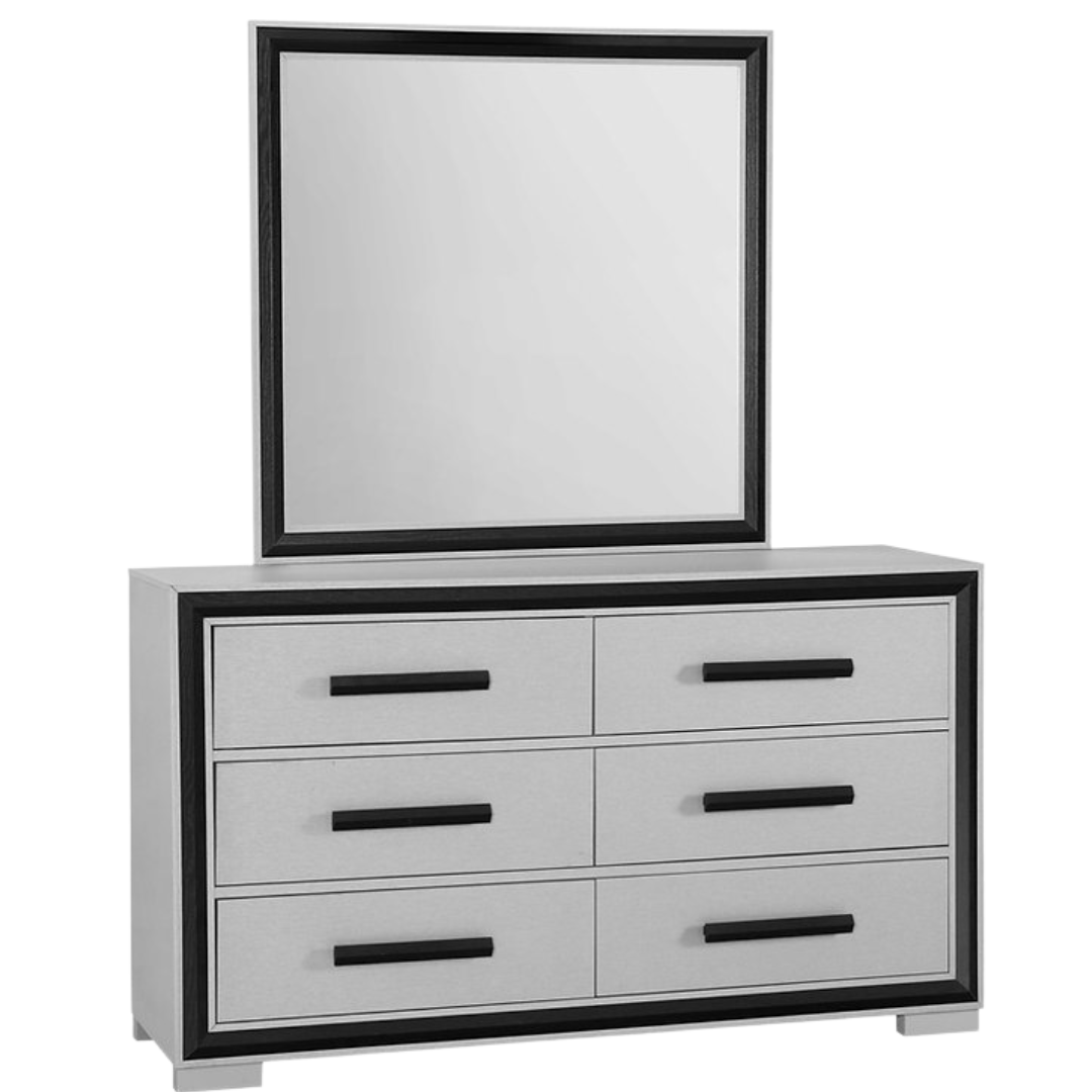 Noctis – Commode 6 tiroirs avec miroir – Argent avec finitions noires