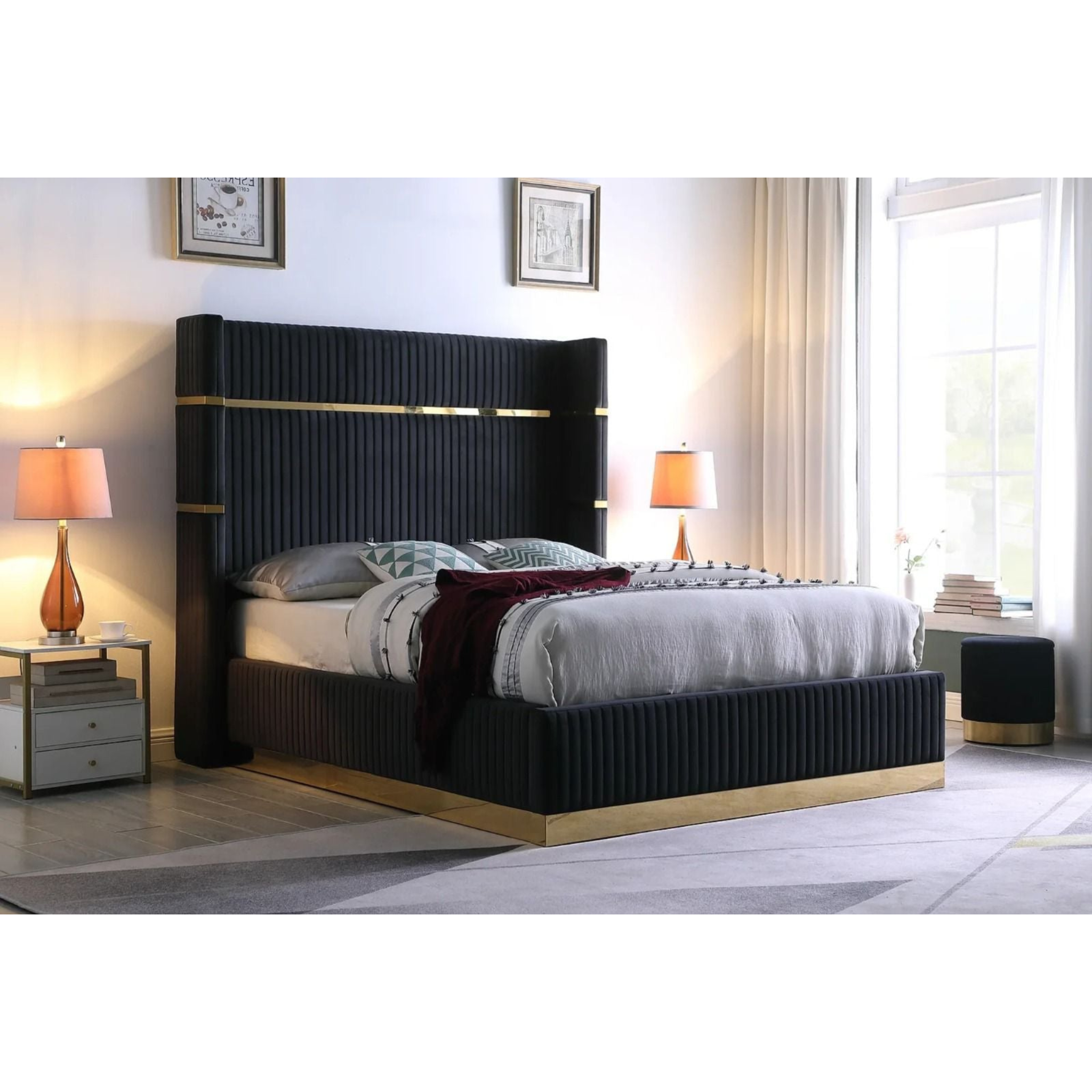 Queen Bed – Modern Platform Bed with Fine Lines & Gold Accents ASPEN