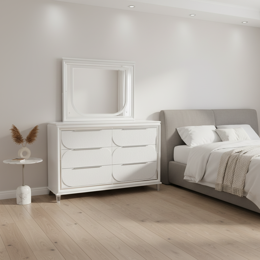 Cleova – White High Gloss Glamorous Chest of Drawers with Mirror