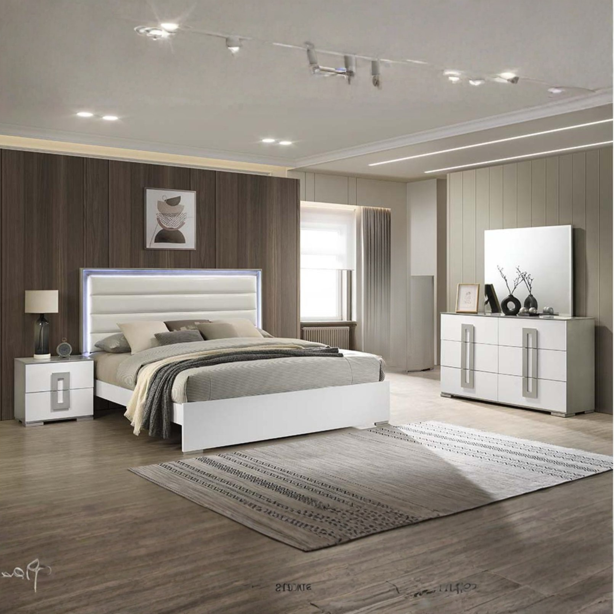 Linova – White and Grey LED Queen Bedroom Set