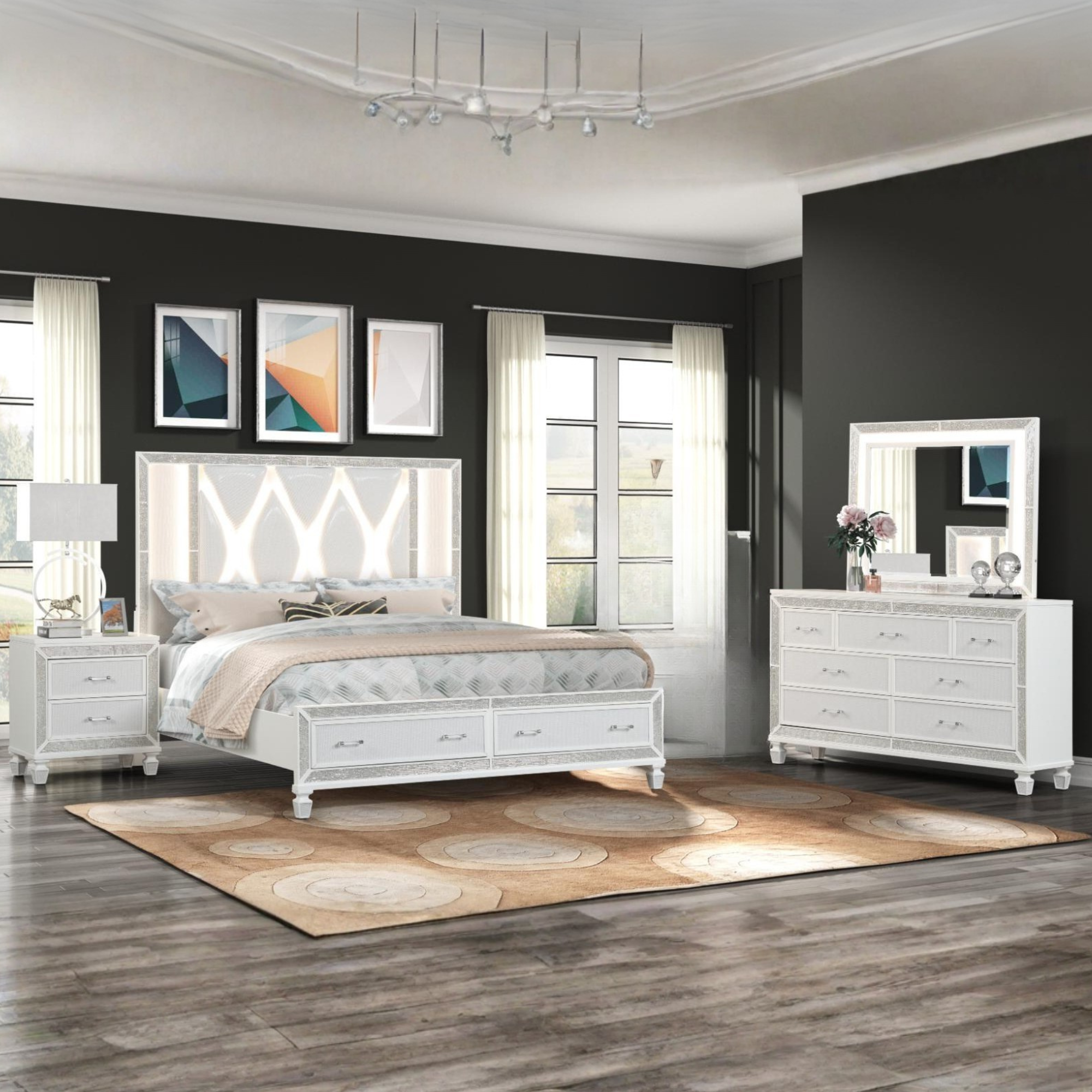 Radova – Ensemble de chambre king blanc cristal LED bois