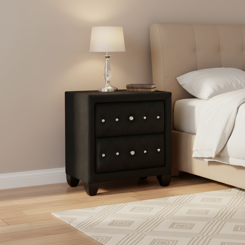 Magnova – Table de chevet noire 2 tiroirs velours