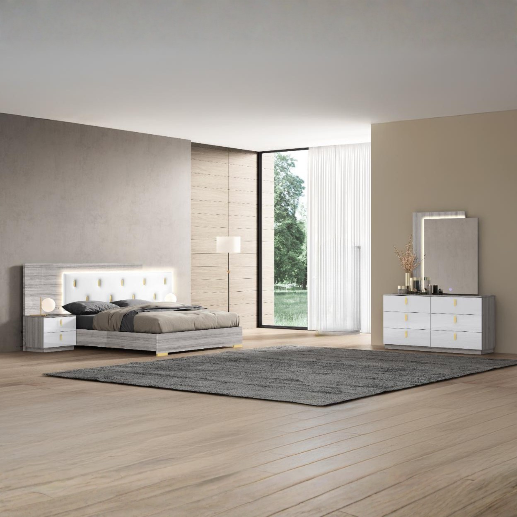 Zelvana – Ensemble de chambre king blanc et gris rangement