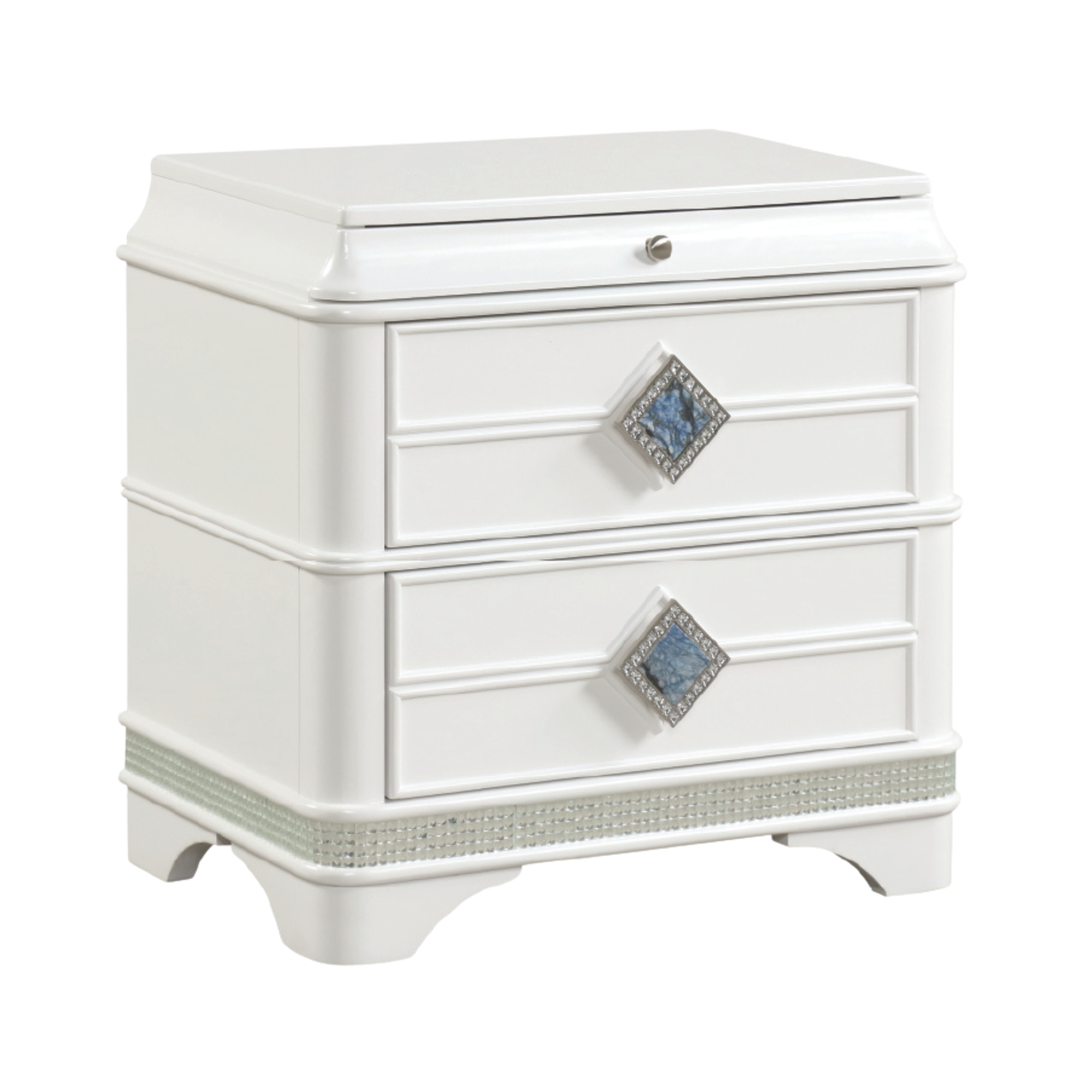 Zafira – Table de chevet blanche 2 tiroirs laqué cristal
