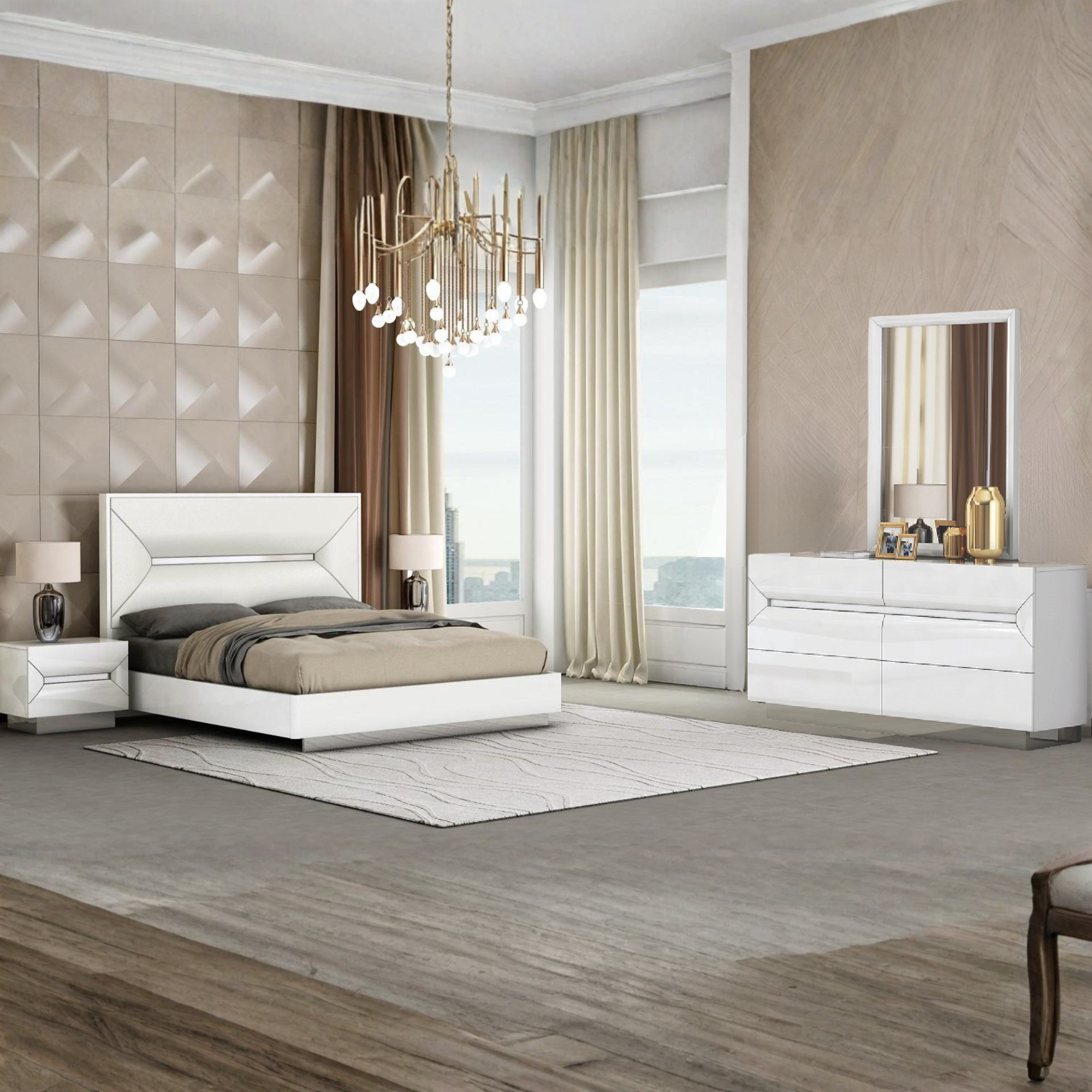 Zenova – Queen White Matte Faux Leather Bedroom Set