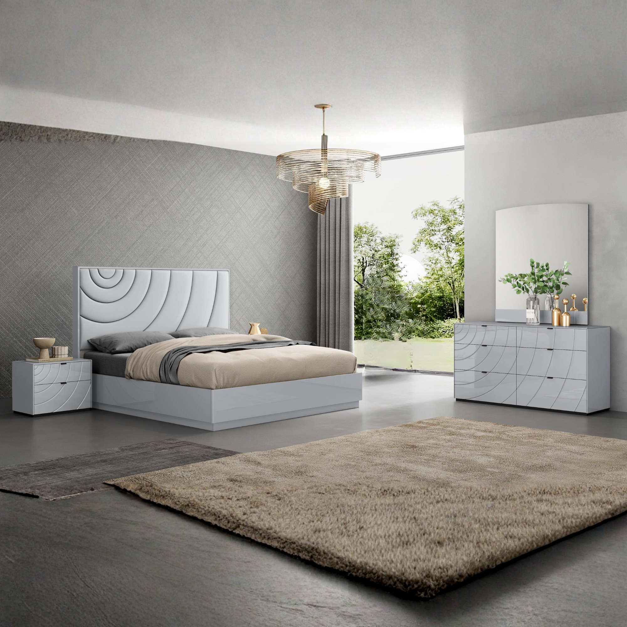 Vortano – High Gloss Grey Lacquer Queen Bedroom Set