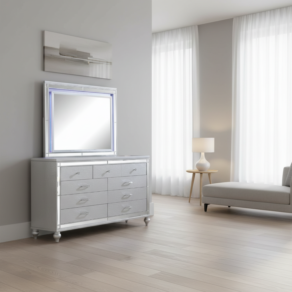 Glorova – Commode avec miroir argentée glamour