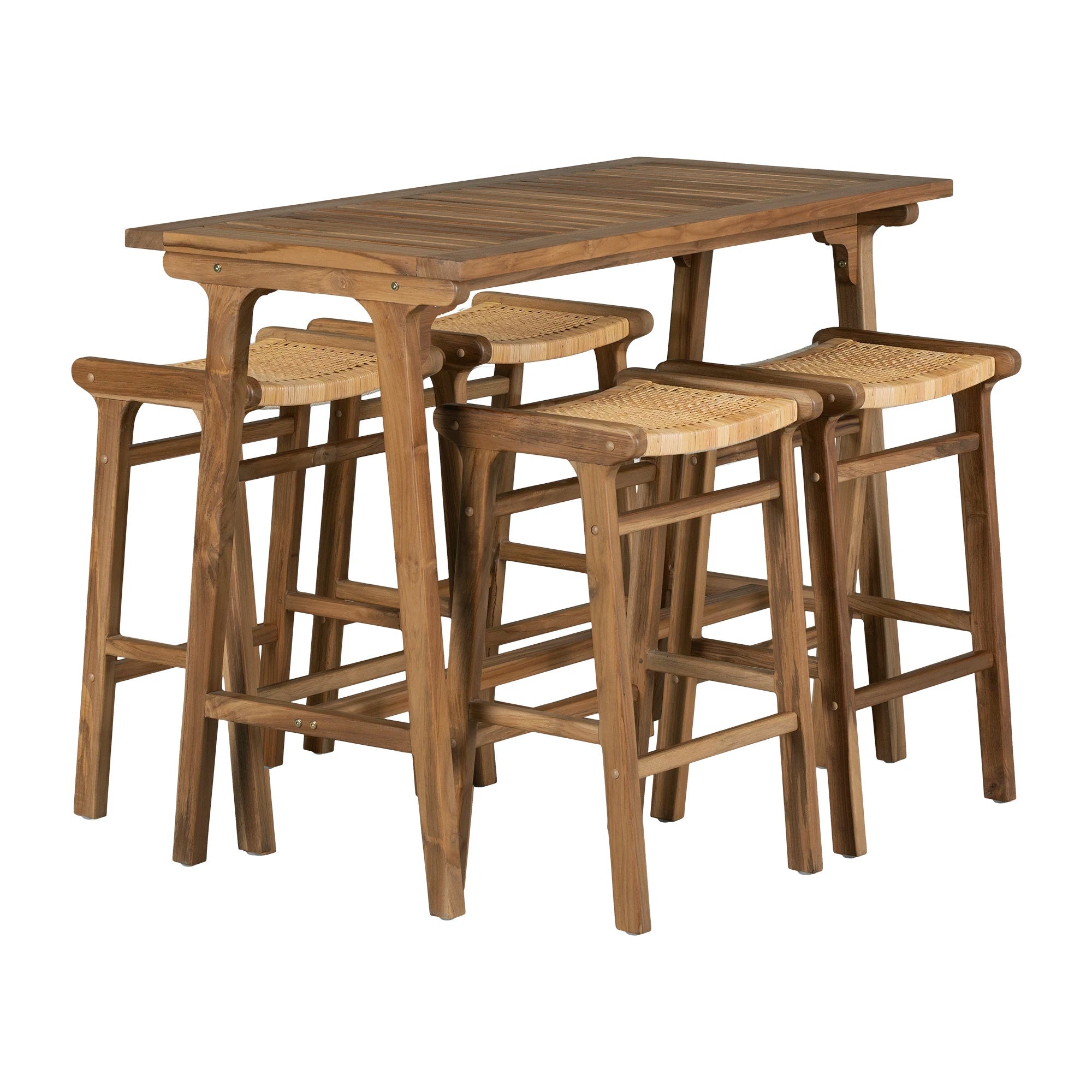 Table de bar en teck et ensemble de 4 tabourets de bar en rotin - Agave
