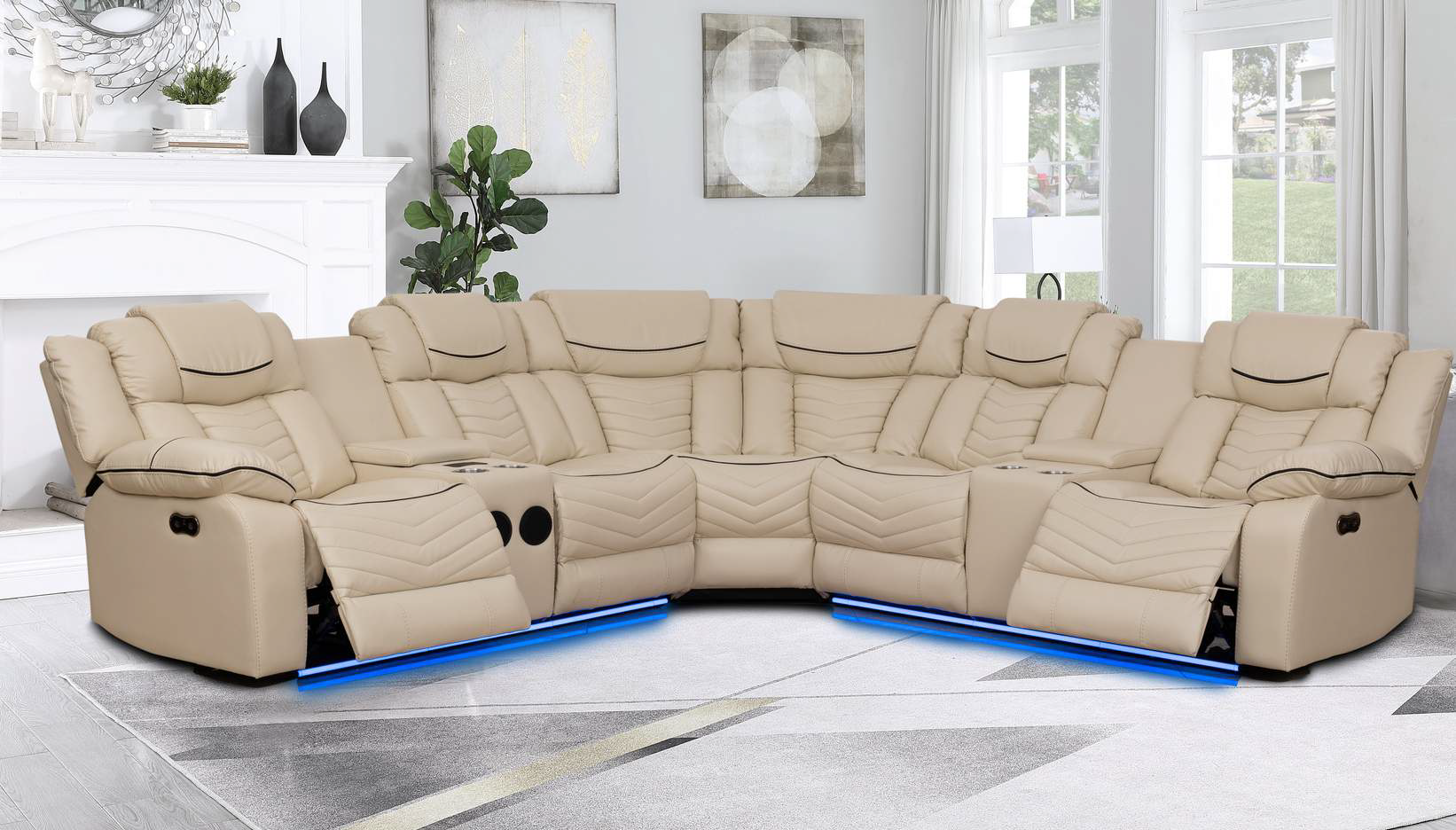 RICK - Recliner Sofa Sectional with Air Leather & LED Beige