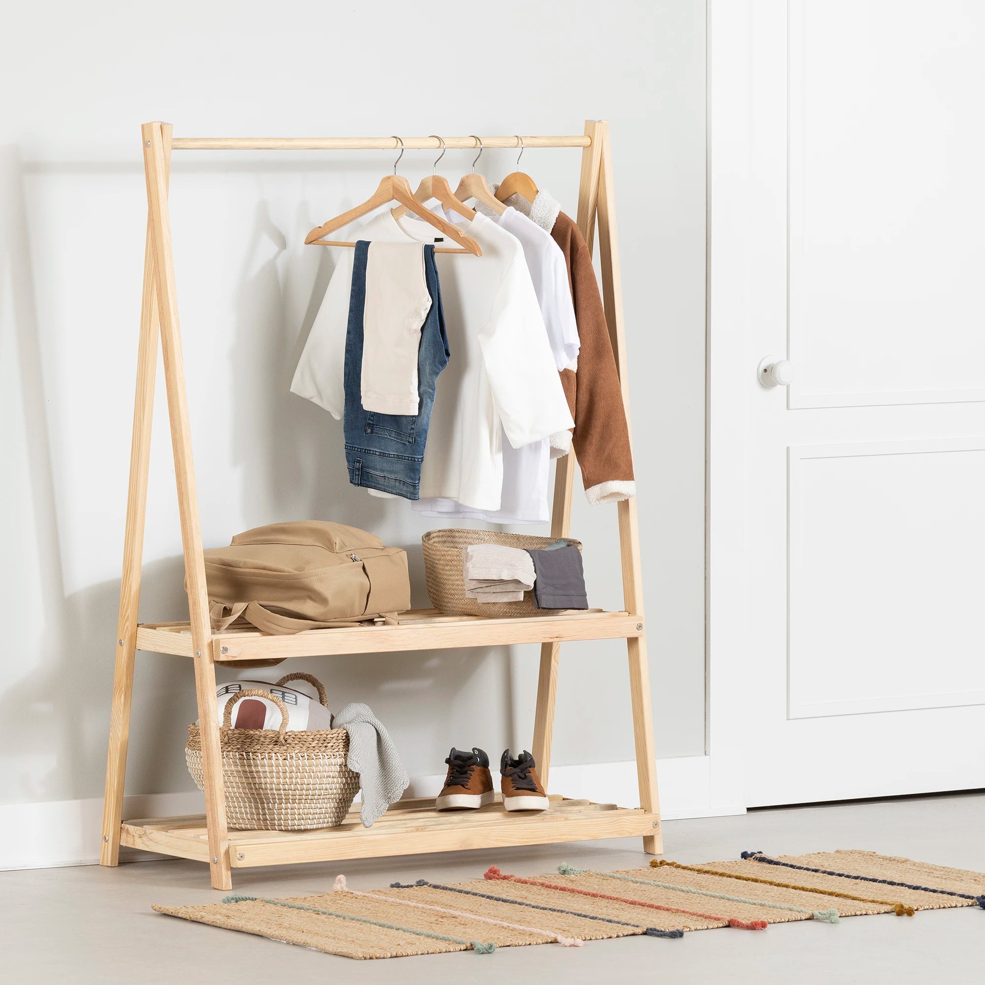 Wooden Clothes Rack with Storage Shelves for Kids - Sweedi