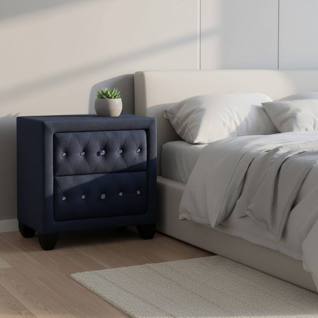 Magnova – Table de chevet bleu marine 2 tiroirs velours
