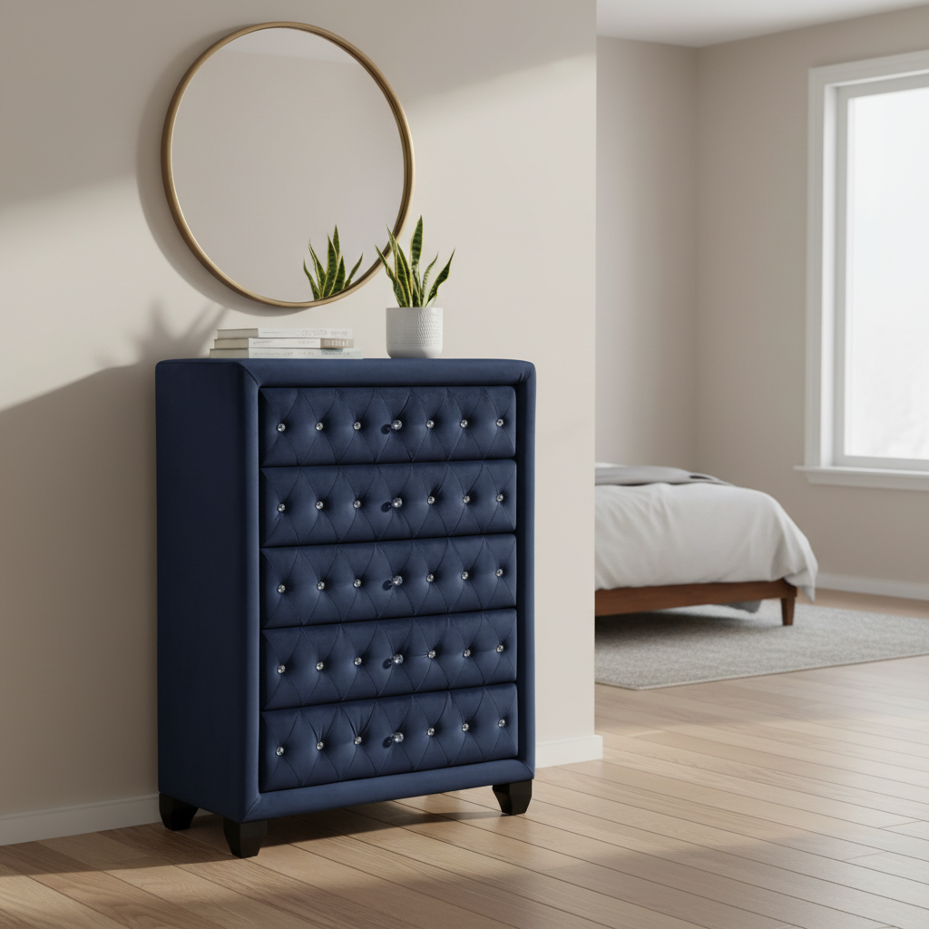 Magnova – Chiffonnier bleu marine capitonné velours