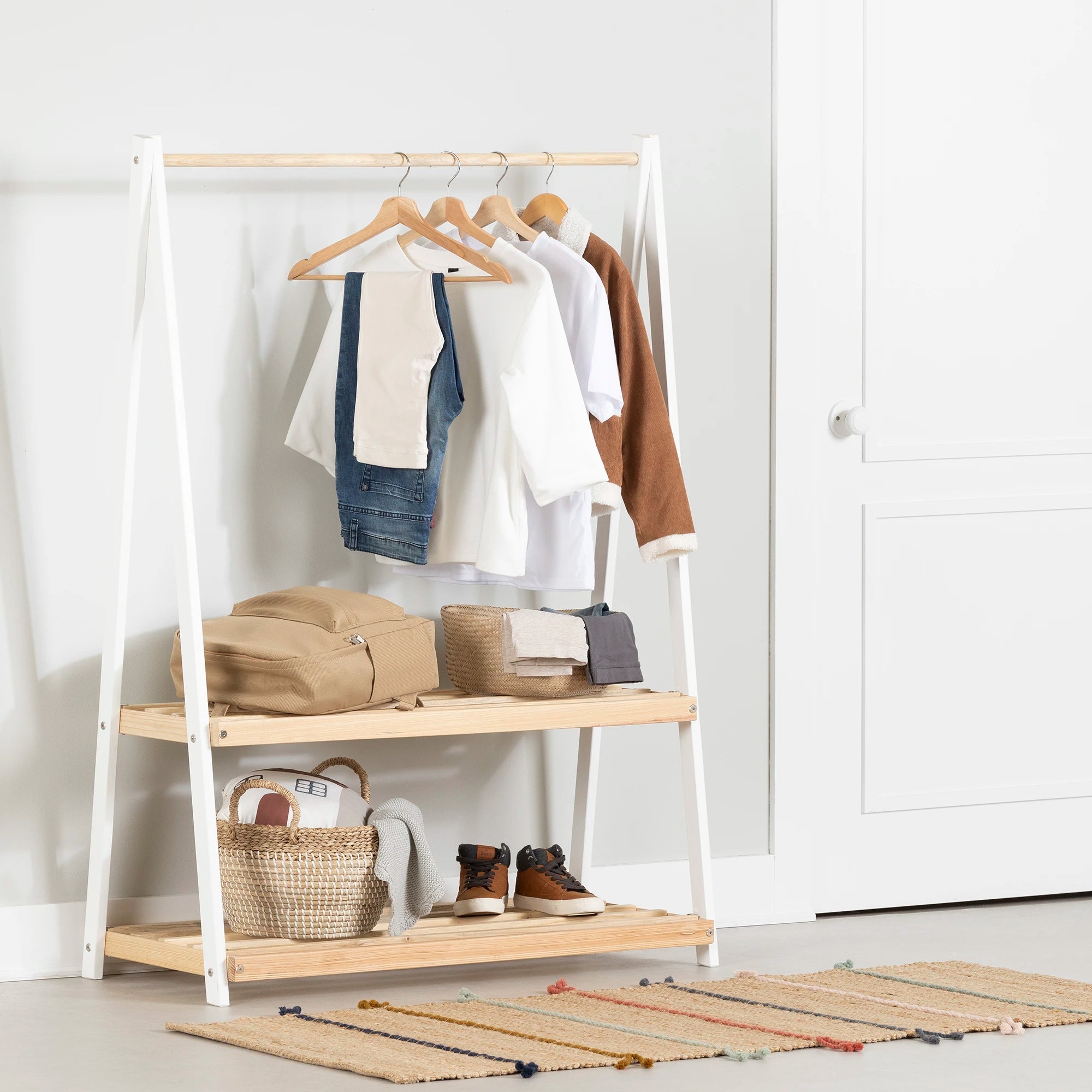 Wooden Clothes Rack with Storage Shelves for Kids - Sweedi