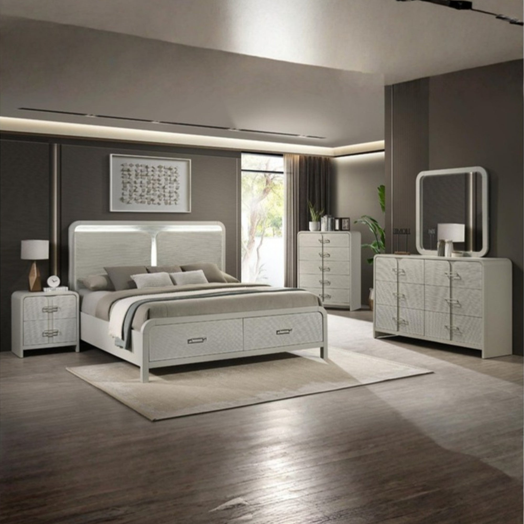 Serova – Ensemble de chambre king gris perle rangement laqué