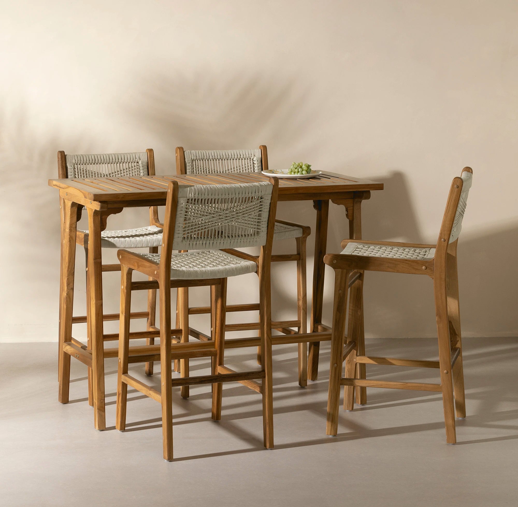 Teak Bar Table and Set of 4 Woven Rope Bar Stools - Agave